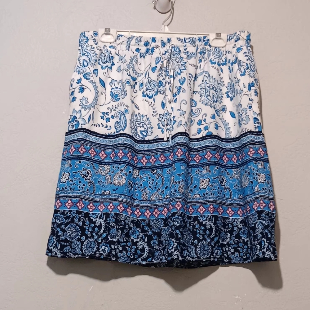 Loft Women Floral & Paisley Skirt Pockets SzL‎ Blue- White Elastic Waist